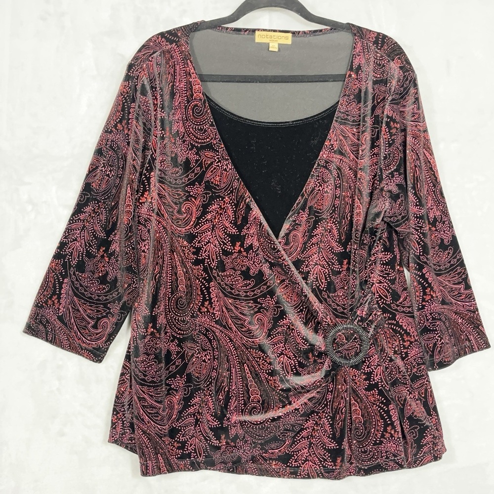 Notations Womens Velvet Faux Wrap Top 2X Black/Red Glitter Paisley Party Holiday